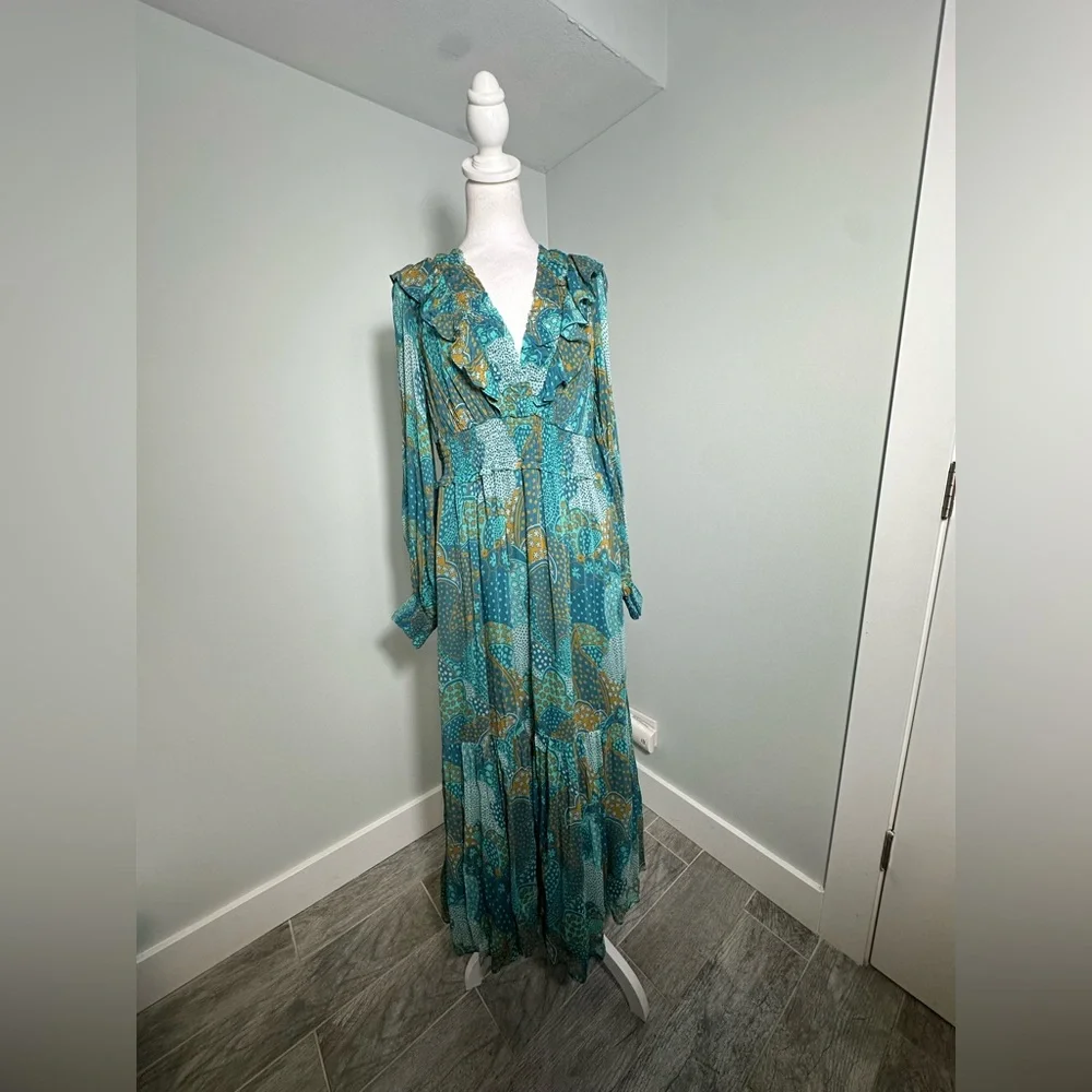 NEW Anthropologie The Odetta Ruffled V-Neck‎ Maxi LS flowy Dress Teal Size  M - Picture 5 of 17